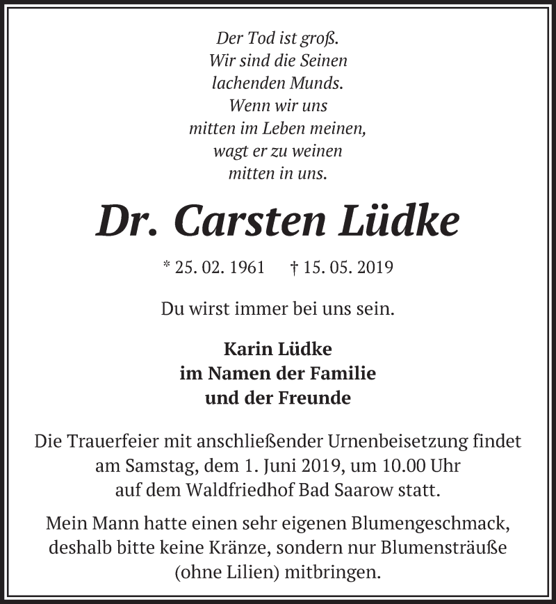  Traueranzeige für Carsten Lüdke vom 18.05.2019 aus Märkische Oderzeitung
