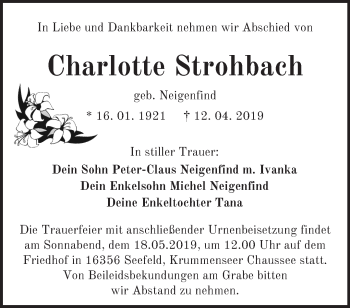 Traueranzeige von Charlotte Strohbach von Märkische Oderzeitung