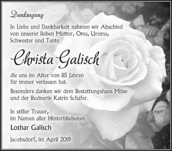 Traueranzeige von Christa Galisch von Märkische Oderzeitung