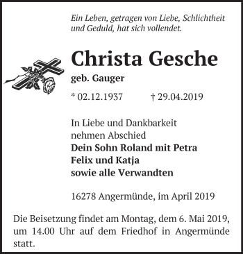 Traueranzeige von Christa Gesche von Märkische Oderzeitung