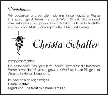 Traueranzeige von Christa Schaller von Märkische Oderzeitung