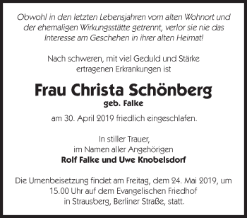 Traueranzeige von Christa Schönberg von Märkische Oderzeitung