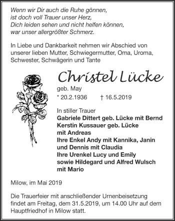 Traueranzeige von Christel Lücke von Märkische Oderzeitung