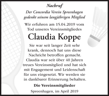 Traueranzeige von Claudia Koppe von Märkische Oderzeitung