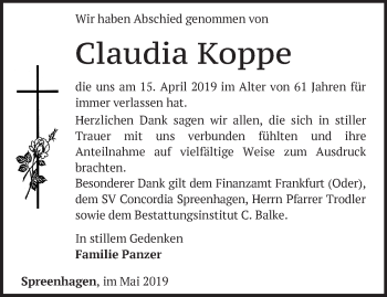 Traueranzeige von Claudia Koppe von Märkische Oderzeitung