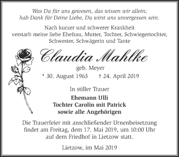 Traueranzeige von Claudia Mahlke von Märkische Oderzeitung