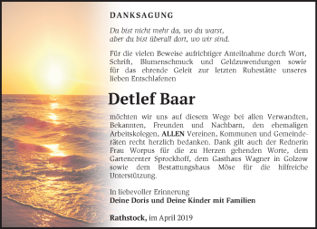 Traueranzeige von Detlef Baar von Märkische Oderzeitung