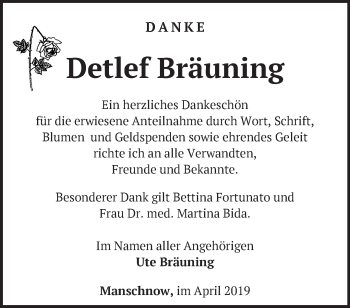 Traueranzeige von Detlef Bräuning von Märkische Oderzeitung