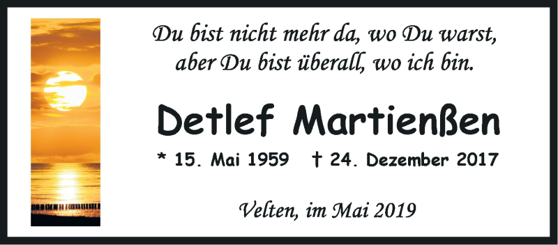  Traueranzeige für Detlef Martienßen vom 15.05.2019 aus Märkische Oderzeitung