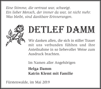 Traueranzeige von Detleff Damm von Märkische Oderzeitung