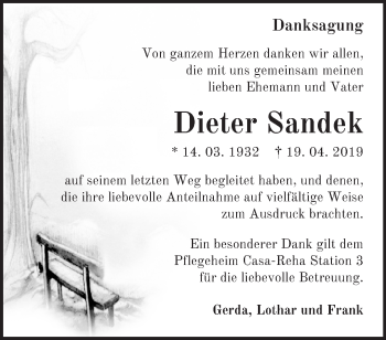 Traueranzeige von Dieter Sandek von Märkische Oderzeitung