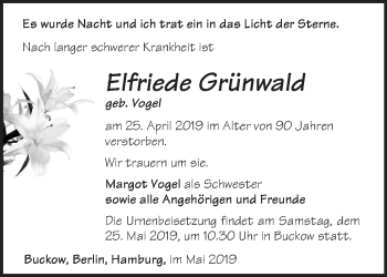 Traueranzeige von Elfriede Grünwald von Märkische Oderzeitung