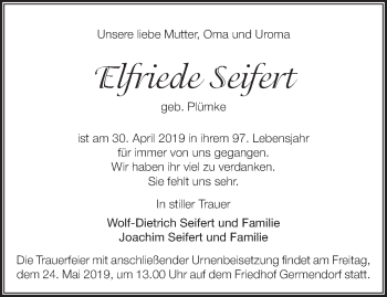 Traueranzeige von Elfriede Seifert von Märkische Oderzeitung