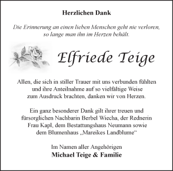 Traueranzeige von Elfriede Teige von Märkische Oderzeitung