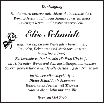 Traueranzeige von Elis Schmidt von Märkische Oderzeitung