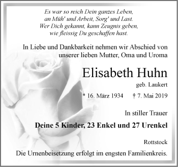 Traueranzeige von Elisabeth Huhn von Märkische Oderzeitung