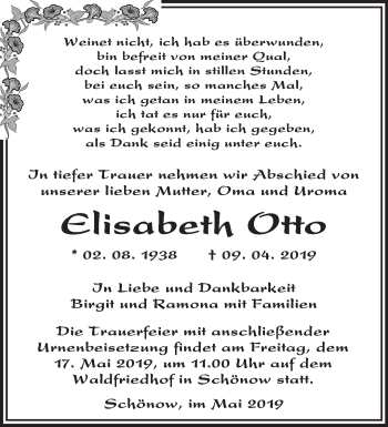 Traueranzeige von Elisabeth Otto von Märkische Oderzeitung