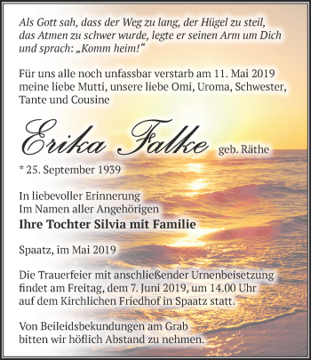 Traueranzeige von Erika Falke von Märkische Oderzeitung