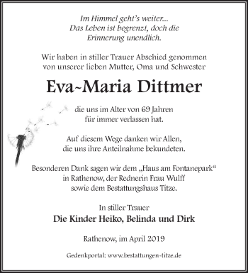 Traueranzeige von Eva-Maria Dittmer von Märkische Oderzeitung