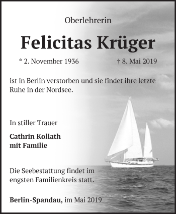 Traueranzeige von Felicitas Krüger von Märkische Oderzeitung