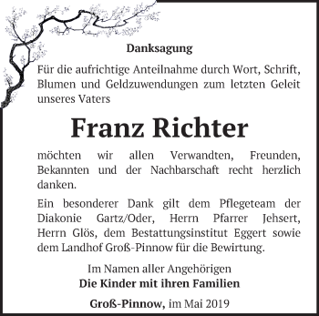 Traueranzeige von Franz Richter von Märkische Oderzeitung