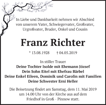 Traueranzeige von Franz Richter von Märkische Oderzeitung