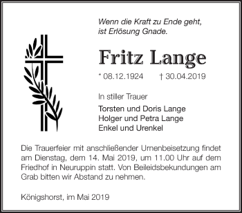 Traueranzeige von Fritz Lange von Märkische Oderzeitung