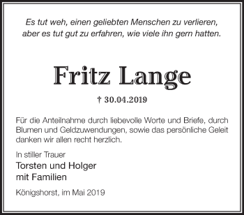 Traueranzeige von Fritz Lange von Märkische Oderzeitung