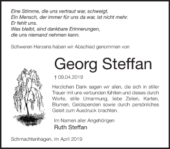 Traueranzeige von Georg Steffan von Märkische Oderzeitung