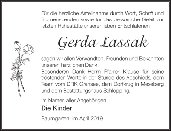 Traueranzeige von Gerda Lassak von Märkische Oderzeitung