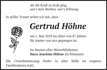 Traueranzeige von Gertrud Höhne von Märkische Oderzeitung