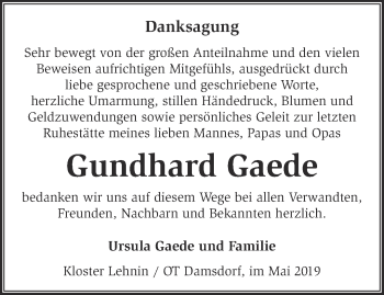 Traueranzeige von Gundhard Gaede von Märkische Oderzeitung