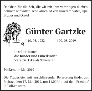 Traueranzeige von Günter Gartzke von Märkische Oderzeitung