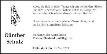 Traueranzeige von Günther Schulz von Märkische Oderzeitung