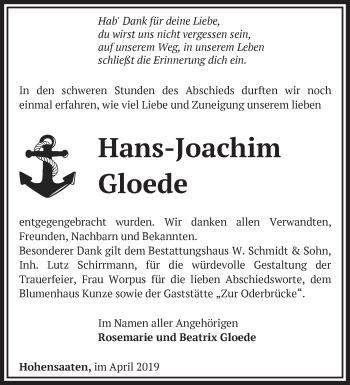 Traueranzeige von Hans-Joachim Gloede von Märkische Oderzeitung