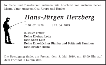 Traueranzeige von Hans-Jürgen Herzberg von Märkische Oderzeitung