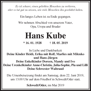 Traueranzeige von Hans Kube von Märkische Oderzeitung