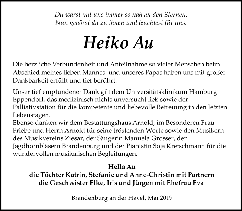  Traueranzeige für Heiko Au vom 26.05.2019 aus Märkische Oderzeitung