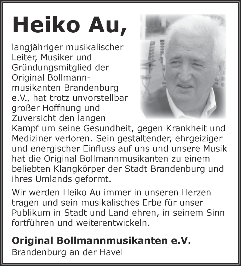  Traueranzeige für Heiko Au vom 12.05.2019 aus Märkische Oderzeitung