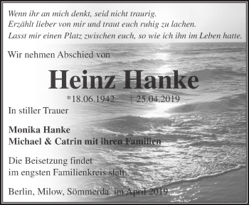 Traueranzeige von Heinz Hanke von Märkische Oderzeitung