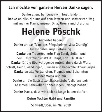 Traueranzeige von Helene Pöschk von Märkische Oderzeitung