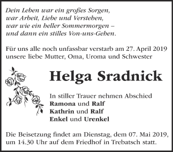 Traueranzeige von Helga Sradnick von Märkische Oderzeitung