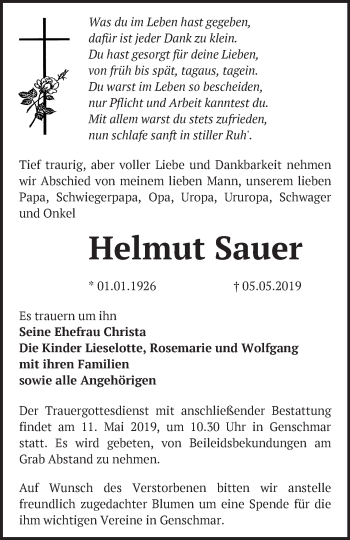 Traueranzeige von Helmut Sauer von Märkische Oderzeitung