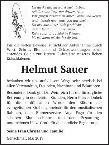 Traueranzeige von Helmut Sauer von Märkische Oderzeitung