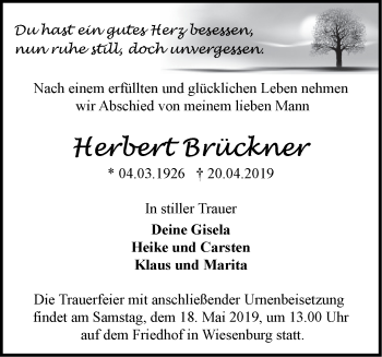 Traueranzeige von Herbert Brückner von Märkische Oderzeitung