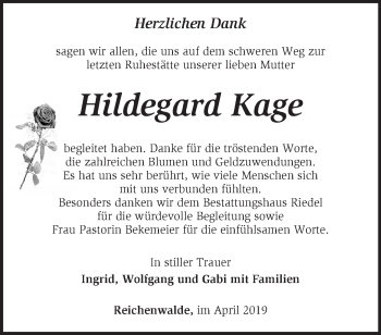 Traueranzeige von Hildegard Kage von Märkische Oderzeitung