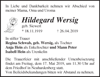 Traueranzeige von Hildegard Wersig von Märkische Oderzeitung