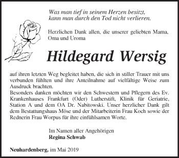 Traueranzeige von Hildegard Wersig von Märkische Oderzeitung