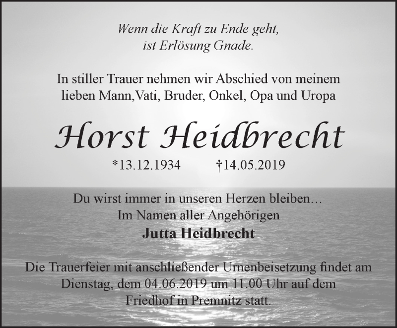  Traueranzeige für Horst Heidbrecht vom 26.05.2019 aus Märkische Oderzeitung