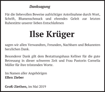 Traueranzeige von Ilse Krüger von Märkische Oderzeitung